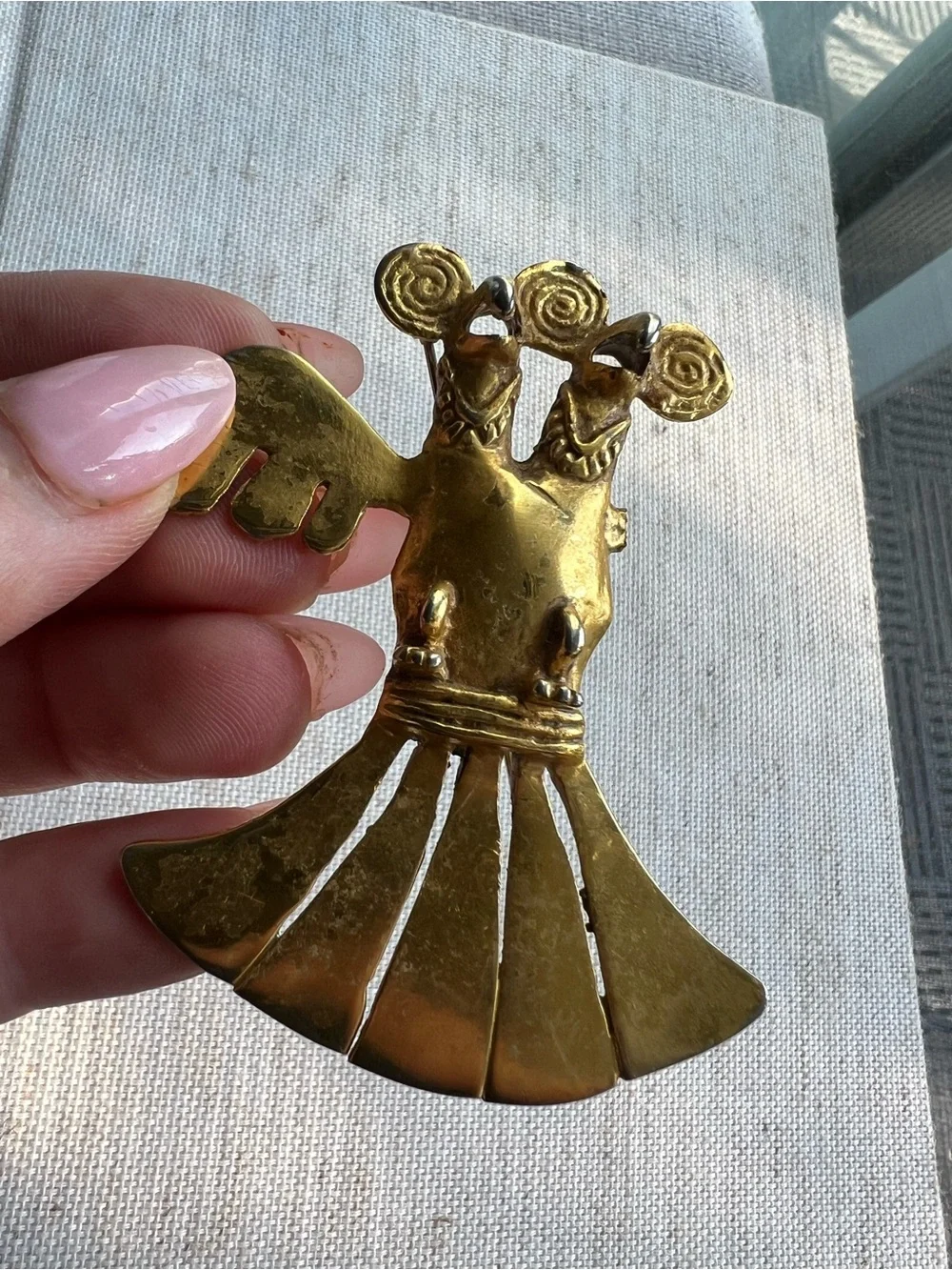 Brass Double-Headed Bird Pendant - Gold Tone